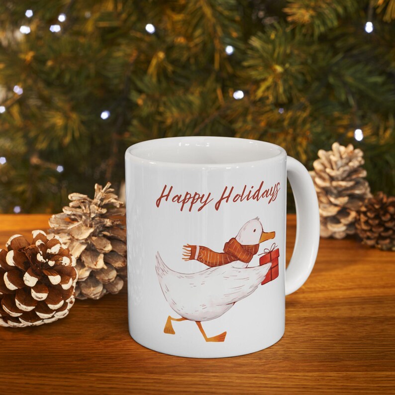 Keramische mok vakantie eend, koffiekopje kerst, theemok Happy Holidays, leuk vakantiecadeau eend, feestelijk eend keukendecor afbeelding 1
