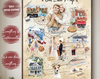 Puede incluir: Una ilustración personalizada enmarcada titulada Our Love Map que presenta un retrato central de una pareja llamada Alex y Lisa, rodeada de viñetas en acuarela de eventos importantes de la vida como una casa, una boda y un perro.