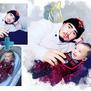 May include: A watercolor painting of a man and a baby boy. The man is wearing a white shirt, a red and black hat, and has a beard. The baby is wearing a red and black bib with the words "All Day Every Day" on it. The man has angel wings behind him..