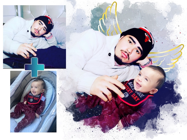 May include: A watercolor painting of a man and a baby boy. The man is wearing a white shirt, a red and black hat, and has a beard. The baby is wearing a red and black bib with the words "All Day Every Day" on it. The man has angel wings behind him..