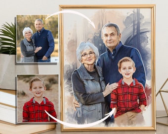 Personalized Painting Loss Of Loved Ones, Custom Commemorative Family Portrait From Photos, Memorial Portrait Gift For Grandpa Grandma