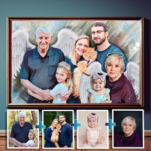 Personalized Watercolor Family Drawing From Photos, Memorial Remembrance Portrait For Deceased Grandfather and Loved Kids