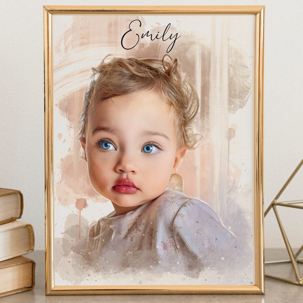 Personalized Watercolor Kid Portrait, Custom Baby Portrait From Photo, New Born Gift for Mom, Personalized Painting from Photo Baby Child