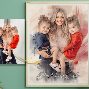Ritratto commemorativo di mamma e figlia, ritratto di famiglia da foto, regalo per la festa della mamma per lei, ritratto della mamma, regalo per la perdita della nonna, regalo commemorativo