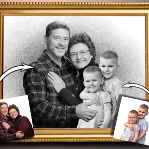 Custom Pencil Sketch Family Portrait From Your Photos, Personalized Pencil Drawing Portrait On Canvas, Memorial Sketch Portrait For Dad Mom