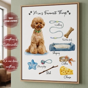 Op de afbeelding: Een ingelijste wandkunstprint getiteld Mia's Favourite Things met een illustratie van een bruine poedel omringd door aquareltekeningen van een riem, een botje, een blauwe hondenmand, een stervormig speeltje, een touwspeeltje, een stok, een halsband en kaas.