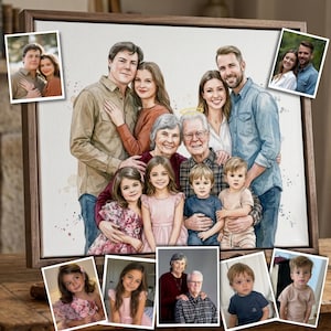 Può includere: Un ritratto ad acquerello incorniciato di una famiglia, con più generazioni. L'opera d'arte include una grande immagine centrale della famiglia e piccole inserzioni fotografiche. La tavolozza dei colori è morbida, con toni caldi e un focus sulle espressioni dei membri della famiglia.
