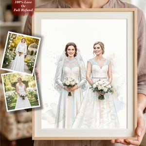 Puede incluir: Una impresión en acuarela enmarcada con dos novias con vestidos de novia blancos, cada una sosteniendo un ramo de flores blancas. La impresión incluye dos pequeñas inserciones fotográficas de una novia con un vestido blanco. El texto "100% Love Or Full Refund" está en la esquina superior izquierda.