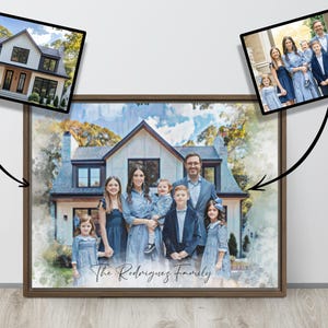 Ritratto commemorativo da foto, pittura personalizzata della casa con la famiglia, unione di immagini, combinazione di foto, regalo di inaugurazione della casa, regalo commemorativo per lei