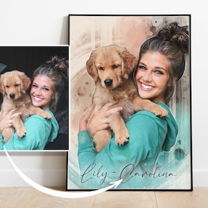 Personalised Owner and Pet Painting on Canvas, Personalized Pet Lovers Portrait, Unique Housewarming Gifts for Best Friend, Dog Mom Gift