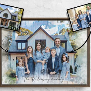 Combina foto per ritratto di famiglia, ritratto di casa personalizzato con famiglia, disegno di casa, unisci immagini, regalo di inaugurazione della casa, regalo commemorativo per lei