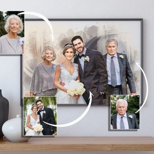 Custom Memorial Family Portrait, Personalized Anniversary Wedding Party Painting Commissions, Unique Sympathy Wedding Photo with Deceased