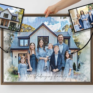 Ritratto di famiglia personalizzato da foto, ritratto di casa con famiglia, combina foto, regalo di inaugurazione della casa, regalo per la prima casa, regalo commemorativo per mamma e papà