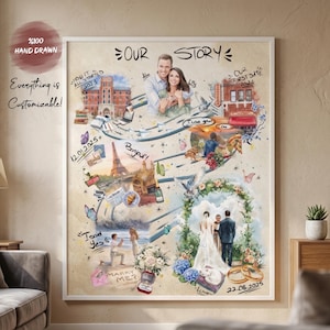 May include: A custom illustrated poster titled Our Story featuring a central portrait of a couple, scenes of a university building, the Eiffel Tower, a proposal on a beach, and a wedding ceremony under a floral arch with dates and handwritten text.