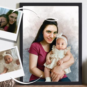 Ritratto personalizzato di una mamma defunta con il suo bambino, un angelo - Illustrazione commemorativa della famiglia da foto, arte di madre e figlia, regalo commemorativo