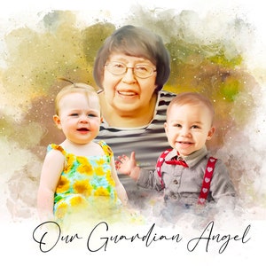 May include: A watercolor painting of a woman with two young children. The woman is smiling and the children are looking at the camera. The text "Our Guardian Angel" is written below the image..