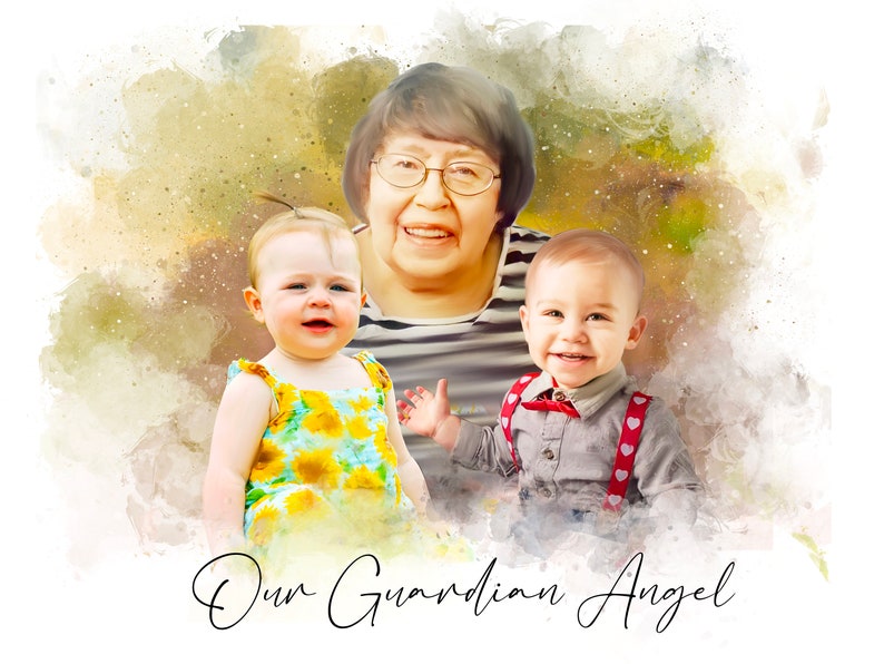 May include: A watercolor painting of a woman with two young children. The woman is smiling and the children are looking at the camera. The text "Our Guardian Angel" is written below the image..