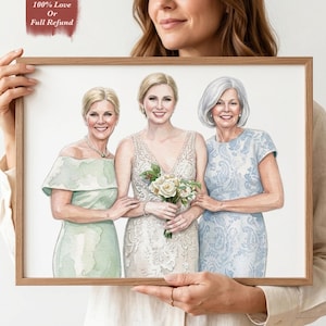 May include: A framed watercolour portrait of three women. The central figure holds a bouquet of white roses and wears a white lace dress. The other two women wear light green and blue dresses. The frame is made of light brown wood. Text in the upper left corner reads "100% Love Or Full Refund."
