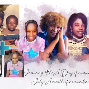 May include: A collage of photos featuring a family, including a mother and son in a vintage photo, a grandmother and granddaughter, and a mother and son in a more recent photo. The photos are arranged in a grid pattern with a plus sign in the center. The background is a watercolor wash of pink and purple..