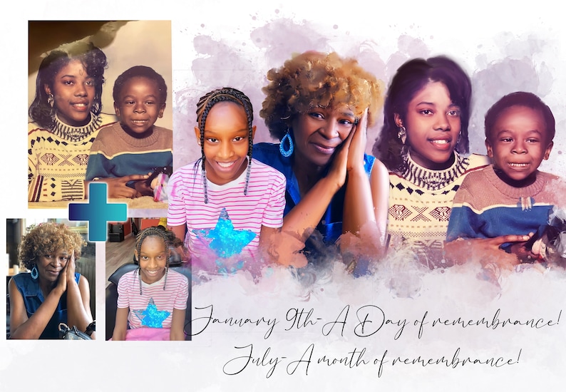 May include: A collage of photos featuring a family, including a mother and son in a vintage photo, a grandmother and granddaughter, and a mother and son in a more recent photo. The photos are arranged in a grid pattern with a plus sign in the center. The background is a watercolor wash of pink and purple..