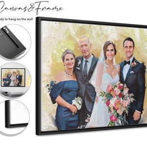 May include: A wedding portrait painting of a couple with their wedding party. The bride is wearing a white dress and the groom is wearing a black suit. The painting is done in a watercolor style with a soft, romantic feel.