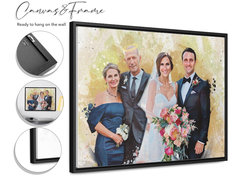 May include: A wedding portrait painting of a couple with their wedding party. The bride is wearing a white dress and the groom is wearing a black suit. The painting is done in a watercolor style with a soft, romantic feel.