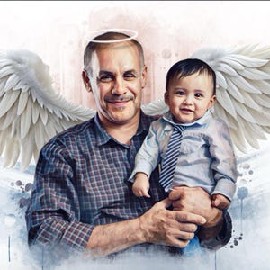 Dipinto commemorativo per la perdita del nonno, ritratto con angelo, ritratto della persona cara da foto, aggiungi la persona cara defunta alla foto, regalo commemorativo