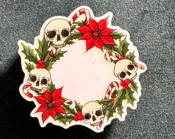 Skull Christmas Wreath Acrylic Needle Minder--Cross Stitch--Xstitch--Xmas Poinsettia--Craft Supply Accessory--Gift for stitcher