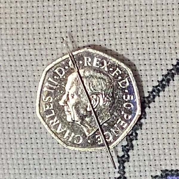 King Charles III Fifty Pence 50p Needle Minder--UK Fifty Pence Coin--QEII--British Coin--Craft Supply Accessory