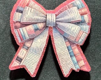 Needle Minder--Pink Bow with Book Pages--Cutecore Bookish Reader-Acrylic Craft Supply--Xstitch Accessory--Gift for Stitcher
