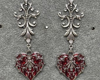 Long Red Rococo Ornate Heart Earrings--Silvertone--Dangly Drop Handmade Earrings Jewelry--Gift for her/them