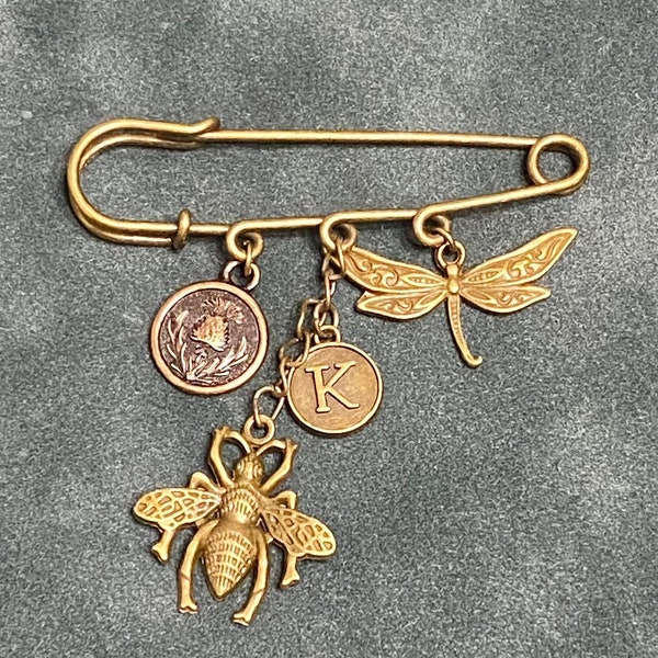 BRONZE Tone Thistle Bee Dragonfly Celtic Personalized Kilt Pin Lapel Brooch--Scottish Highlands--Shawl Pin--Gift for Mom Mother Her Them