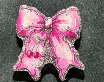 Needle Minder--Big Pink Bow with Cherries--Acrylic Craft Supply--Xstitch Accessory--Gift for Her