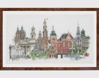 Thea Gouverneur - Counted Cross Stitch Kit - City Street Amsterdam - Linen - 32 Count-DMC Floss--Gift for Stitcher