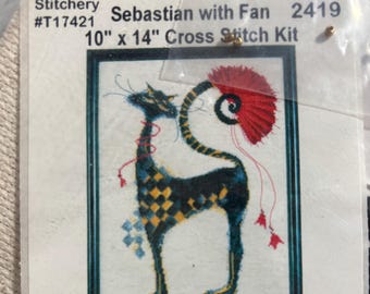 Cross Stitch Kit--Sebastian with Fan by Design Works Crafts--NIP--Vintage 2000s--Craft Supply--Cross Stitch Kit ONLY--Gift for Stitcher