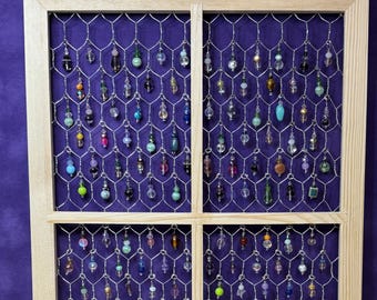 Suncatcher--Unique Multi Color OOAK--Wood Frame Chicken Wire Sun Catcher--Beaded Crystal Glass Dangles--Gift for Mom Grandma