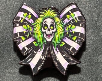 Needle Minder--Black and White Bow with Green Haired Ghoul--Halloween-Summerween--Acrylic Craft Supply--Xstitch Accessory--Gift for Stitcher