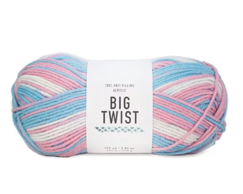 May include: A skein of Big Twist yarn in a blue, pink, and white colorway. The yarn is 100% anti-pilling acrylic and contains 199 yards / 3.85 oz (182 m / 110 g).