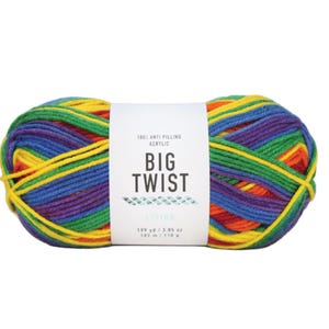 May include: A skein of rainbow colored yarn labeled "Big Twist" 100% Anti-Pilling Acrylic, 199 yd / 3.85 oz, 182 m / 110 g.