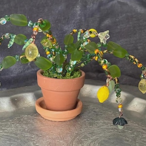 May include: A miniature beaded lemon tree in a terracotta pot. The tree features yellow lemons, green leaves, and colorful beads. The pot sits on a matching saucer, creating a charming, handcrafted decorative piece.