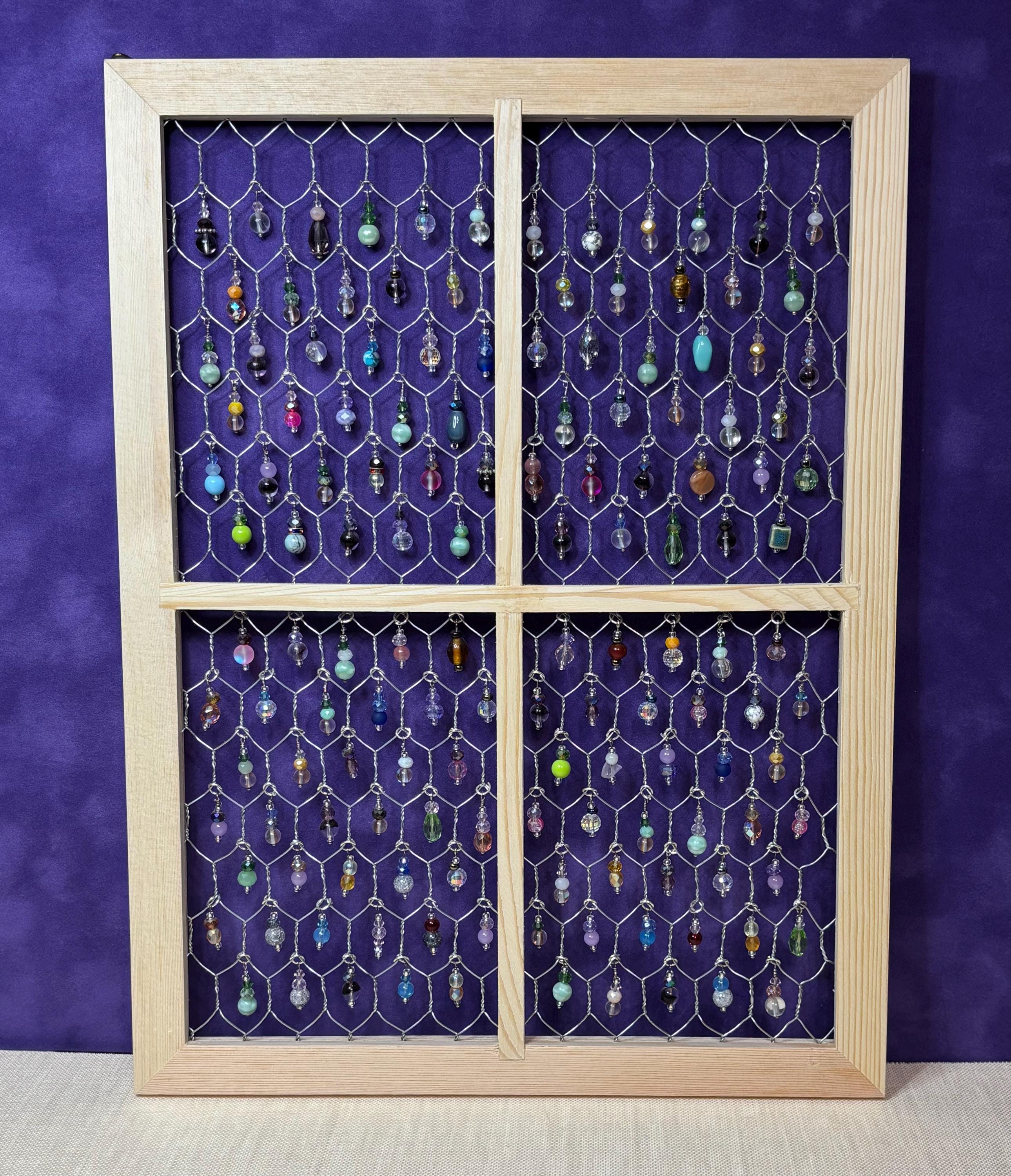 Suncatcher-Unique Multi Color OOAK-Wood Frame Chicken Wire Sun Catcher-Beaded Crystal Glass Dangles-Gift for Mom Grandma