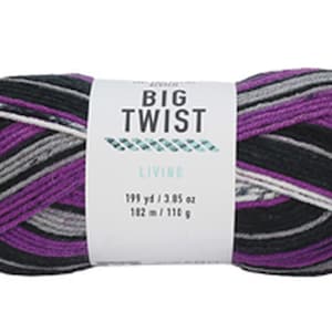 May include: A skein of Big Twist Living yarn in a purple, black, white, and gray colorway. The label reads "Big Twist Living" and includes the yardage and weight: 195 yd / 3.85 oz, 182 m / 110 g.