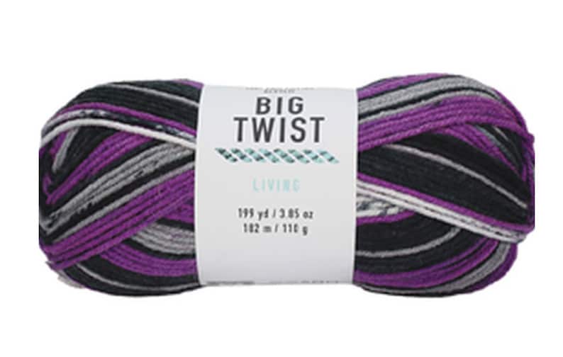 May include: A skein of Big Twist Living yarn in a purple, black, white, and gray colorway. The label reads "Big Twist Living" and includes the yardage and weight: 195 yd / 3.85 oz, 182 m / 110 g.