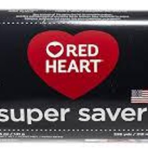 May include: A skein of heather grey yarn wrapped in a black paper label featuring a red heart logo, the text Red Heart Super Saver, and a small American flag. The label indicates a weight of 5 ounces or 141 grams and a length of 236 yards or 215 meters.