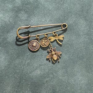 Bronze Tone Kilt Pin: Dragonfly, Thistle, Initial Charm – Celtic Shawl Brooch
