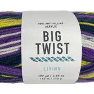 May include: A skein of Big Twist Living yarn in a multi-colored stripe pattern. The yarn is 100% anti-pilling acrylic and contains 199 yards / 3.85 oz (182 m / 110 g).