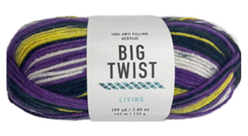 May include: A skein of Big Twist Living yarn in a multi-colored stripe pattern. The yarn is 100% anti-pilling acrylic and contains 199 yards / 3.85 oz (182 m / 110 g).
