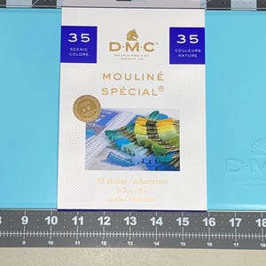 May include: A light blue plastic craft organizer with a white label featuring DMC Mouliné Spécial embroidery floss. The label displays the text "35 Scenic Colors" and "35 Couleurs Nature". The organizer measures approximately 20 inches in length.