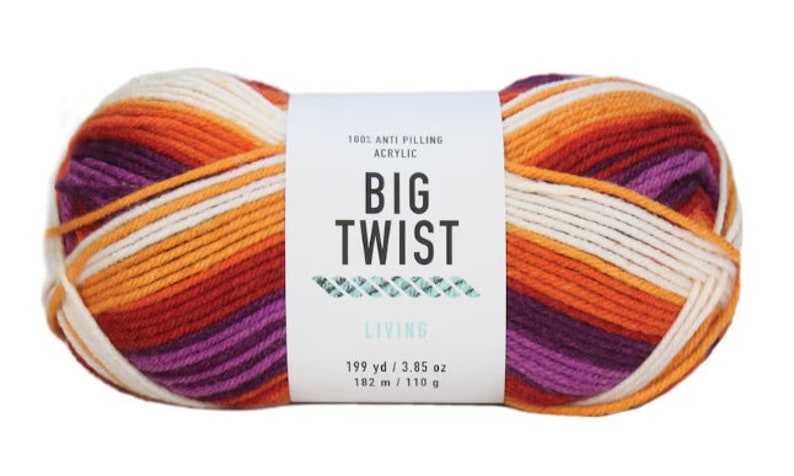 May include: A ball of Big Twist Living yarn in a multi-colored stripe pattern. The yarn is 100% anti-pilling acrylic and comes in a 199 yard / 3.85 ounce skein.