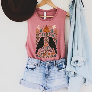 Boho Folk Art Crow Floral Tank, Mystical Nature Graphic Top, Cottagecore Bird Shirt, Botanical Crow Tank, Moon Star Muscle Tank 8803